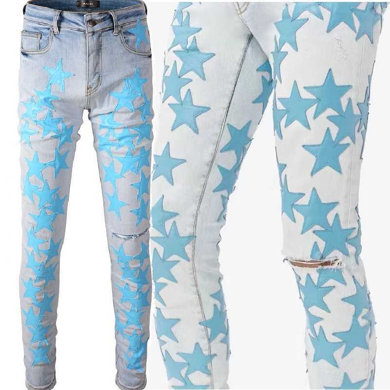 Designer Clothing Fashion Denim Pants Amiiri New High Street Trend Brand Light Blue Star Skin Patch Knife Cuts Holes to Make Old Light Elastic Slim Fit Jeans Men, As shown in figure
Designer Clothing Fashion Denim Pants Amiiri New High Street Trend Brand Light Blue Star Skin Patch Knife Cuts Holes to Make Old Light Elastic Slim Fit Jeans Men, As shown in figure