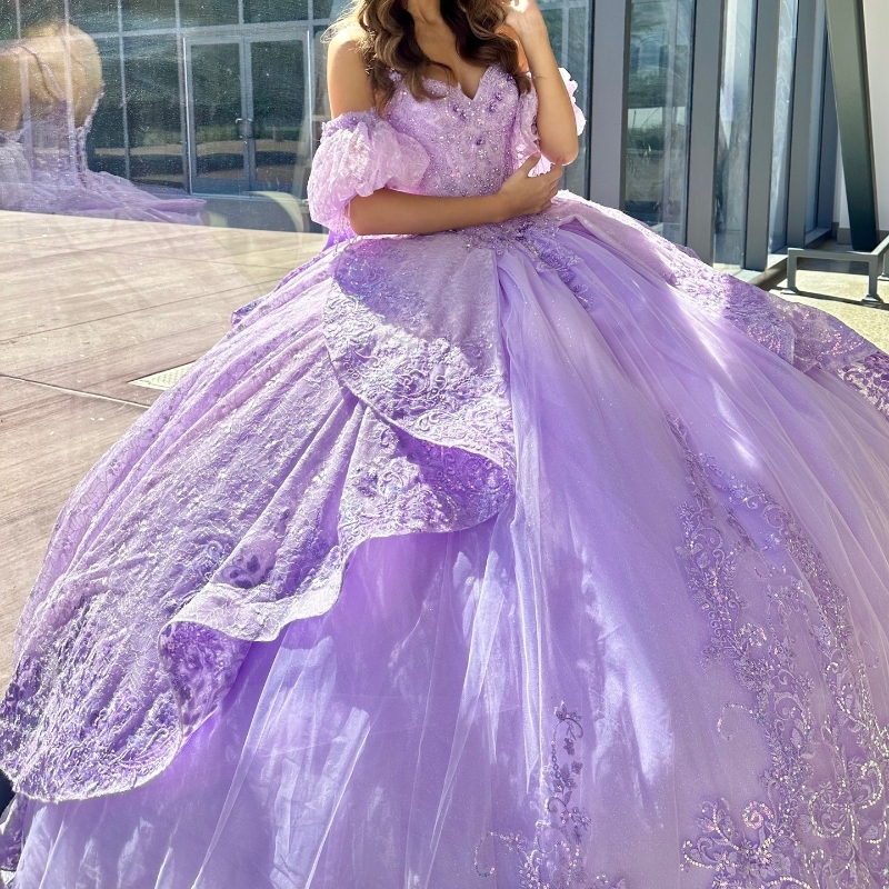 Lavender Shiny Sweetheart Quinceanera Dresses Off the Shoulder Party Birthday Dress for Sweet 16 Tulle Sequin Applique Lace Beads Ball Gown Vestid 15 