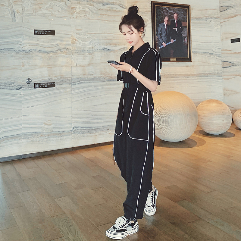 Women's Jumpsuits Rompers Summer Jumpsuit Women Streetwear Hip Hop Reflective Stripe Short Sleeve Lapel Zipper Harem Overalls Pants Sets Romper 2