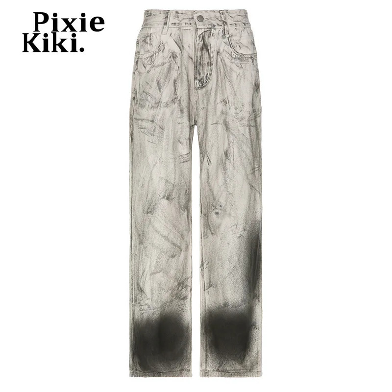 Women's Jeans PixieKiki Trashy Y2k Graffiti Washed Baggy Jeans for Women Streetwear Low Waisted Wide Leg Pants Grey Denim Trousers P67-ED44 23112