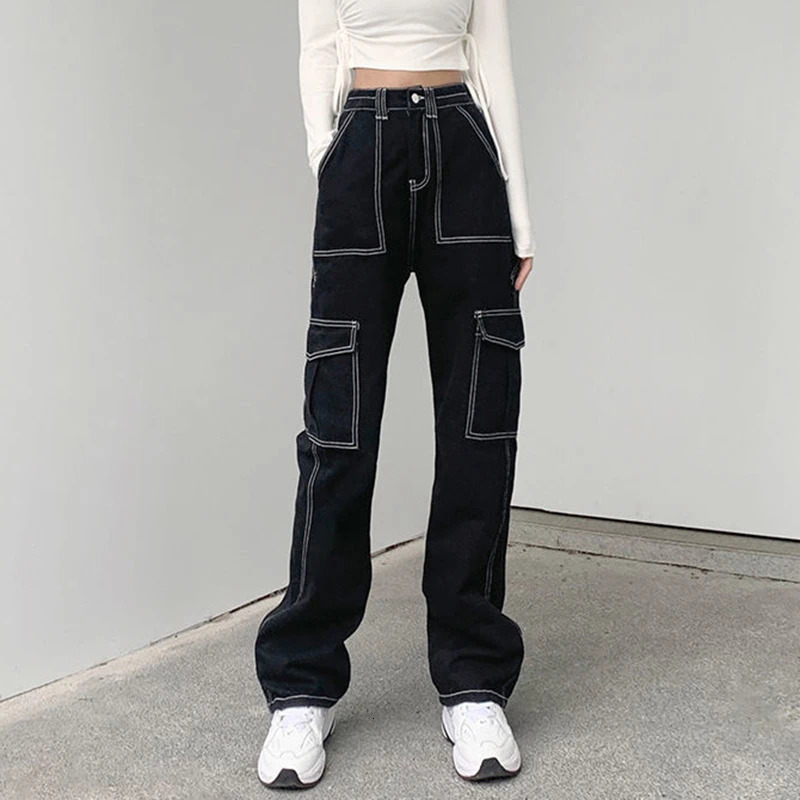 Women's Jeans Streetwear Pockets Black Cargo Jeans Women High Waist Straight Denim Trousers Woman Harajuku Wide Leg Long Pants 231122