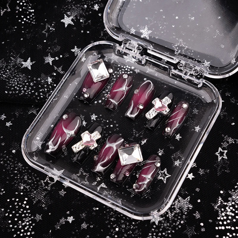 False Nails Gothic Dark Gyaru Girls y2k Manual Press on Nails Reusable Metal Craft Armor Detachable Long Nails With Glue Handmade Manicure 231121