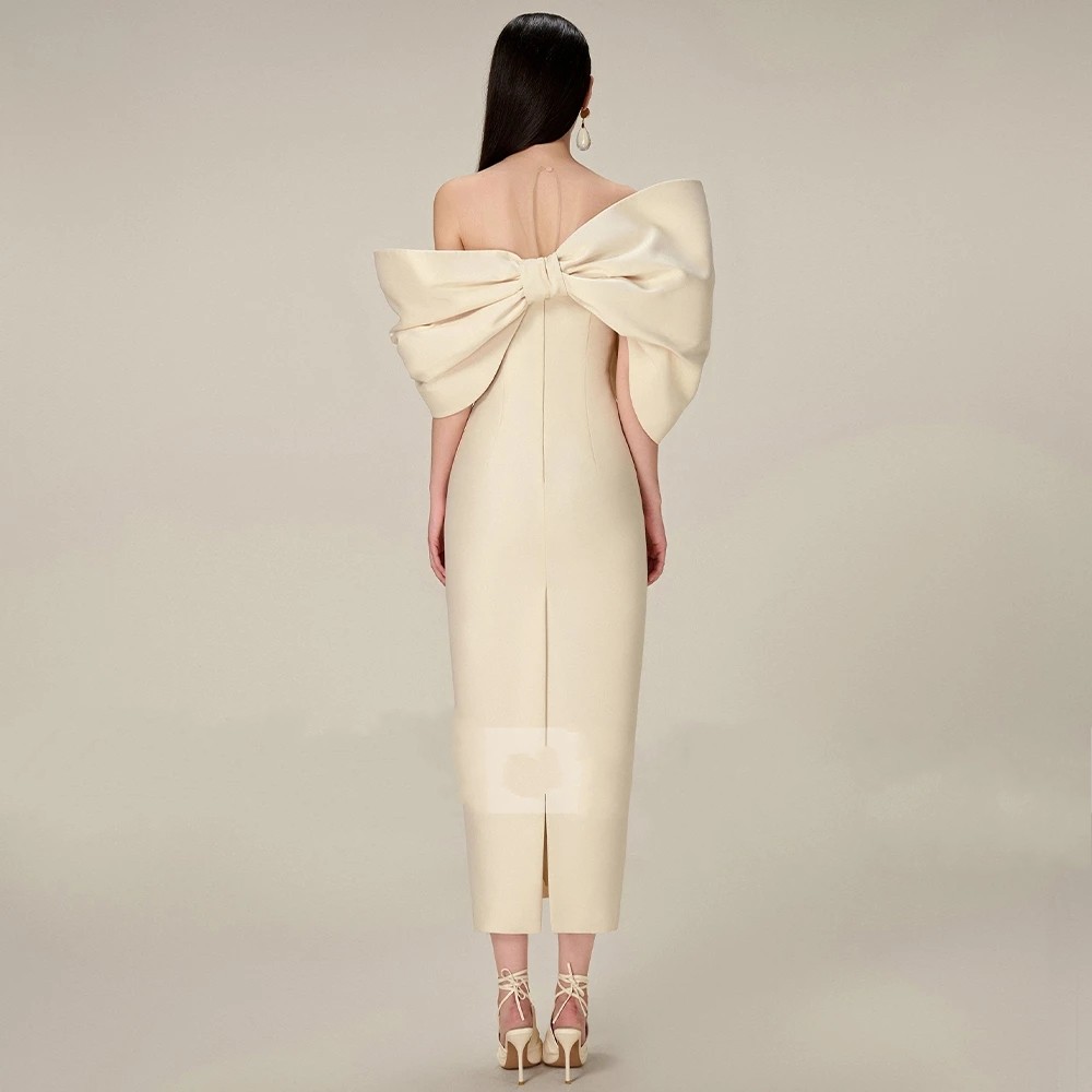 2025 Elegant Champagne Sheath Evening Dress Sheer Neck Off the Shoulder Tea Length Satin Big Bow Women Prom Formal Party Gowns Robe De Soiree