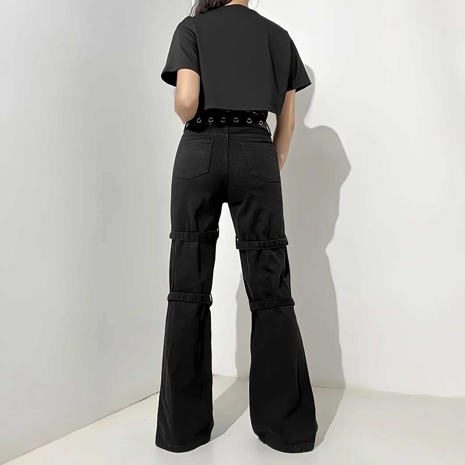 Women's Jeans American Punk Style Black Jeans Woman Summer Streetwear Graffiti Cargo Pants Metal Buckle Fashion Vintage Straight Flared Pants 231