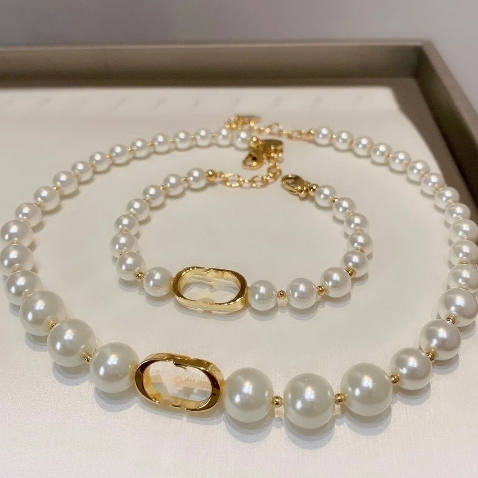 Luxury Design Glass Pearl CD Pendant Necklace Bracelet Classic Design Women Jewelry