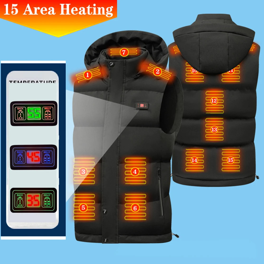 Men's Vests Unisex Electric Heated Vest Windproof Thermal Warm Clothes 15 Heating Zones Zipper Closure USB Charging for Winter Sports Hiking 2311
