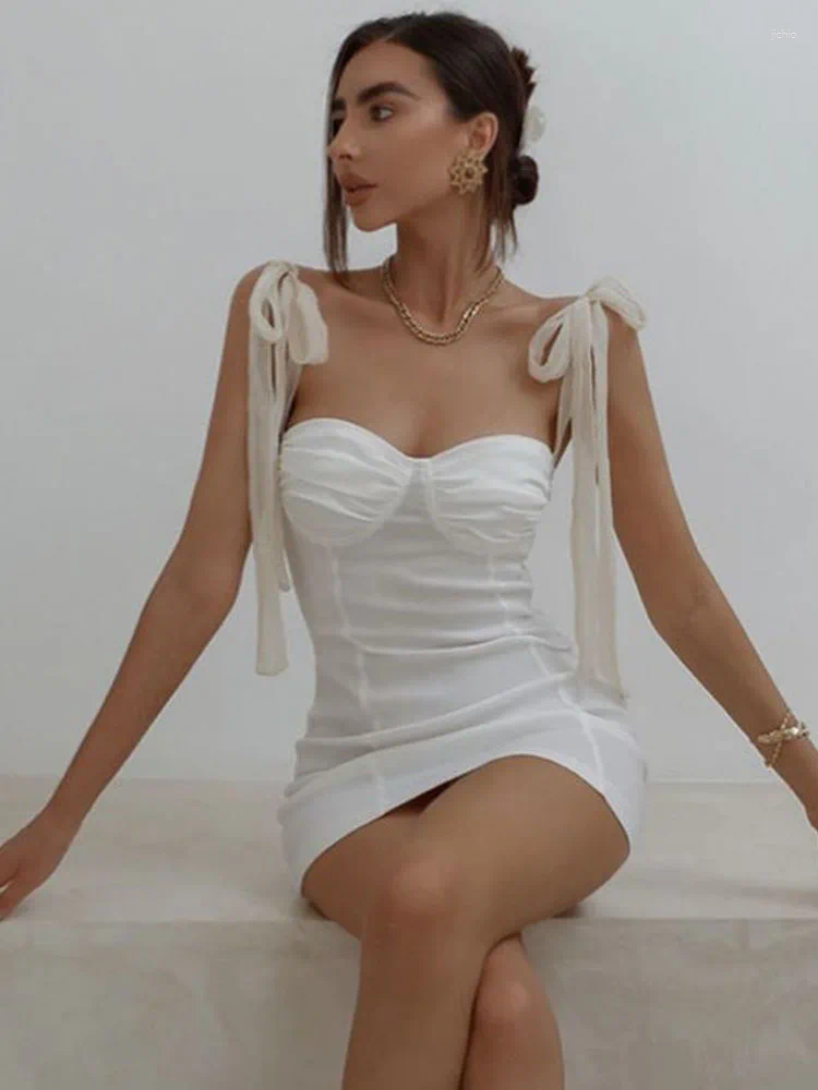 Casual Dresses 2023 Vintage Summer Above Knee Mini Strapless White Dress Spaghetti Strap Solid Lace Up Sleeveless Vestido Feminino Camisole