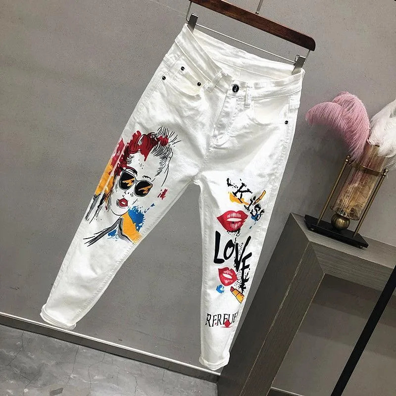 Women's Jeans Women White Denim Jeans Cartoon Graffiti Flowers Print Stretched Hallen Jeans Pencil Pants Autumn Skinny Jeans LU1271 231122