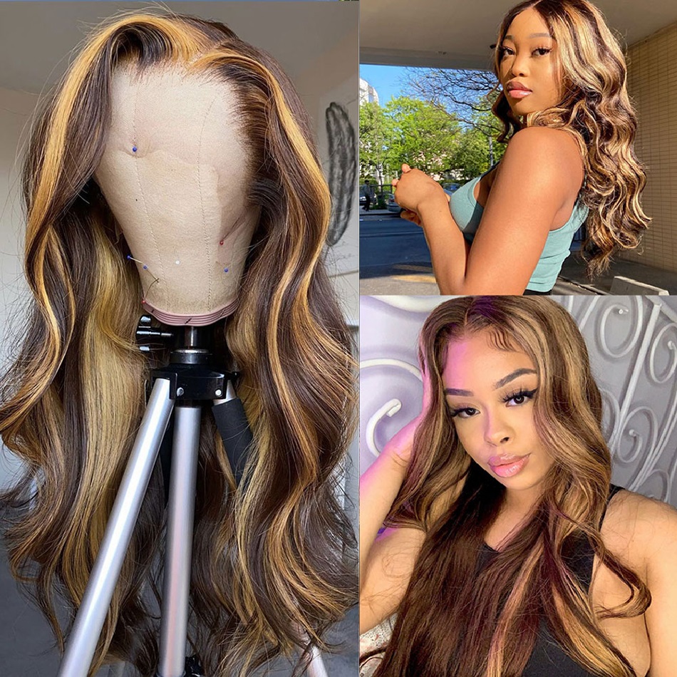 Highlight Brown Body Wave 360 Lace Frontal Wig Simulation Human Hair Wigs For Women Pre Plucked Honey Blonde Colored Cheap Brazilian Wigs