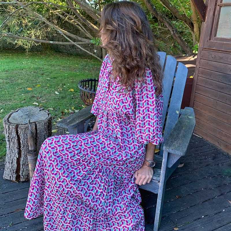 Bohemian fluffy sleeved women's long dress elegant holiday beach dress educational evening dress V-neck casual floral fitted dress summer 2023