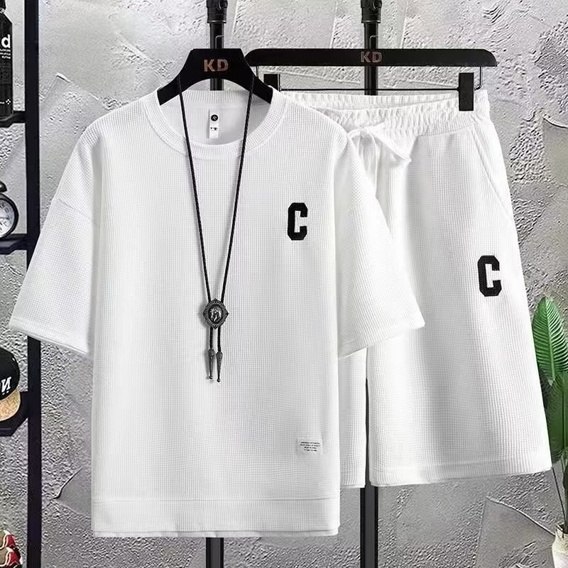 Men's Tracksuits High Quality Waffle Men's Tracksuit Letters Vintage Streetwear Men Sets Short Outfits Summer T Shirt Shorts 2 Piece Set 230