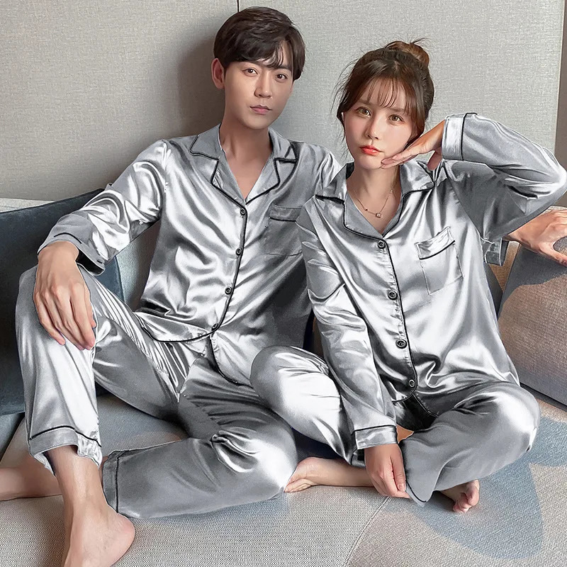 Mens Sleepwear Couple Pajama Sets For Pyjama Loungewear Long Sleeve Sleep Plus Size Pj Trousers Satin Pajamas Lover Silk Pijamas 231122