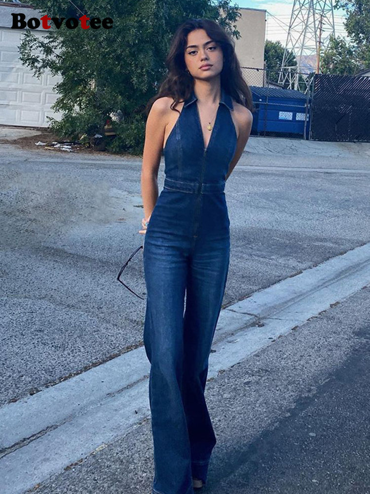 Women's Jumpsuits Rompers Botvotee Jeans Jumpsuit Women Spring Fashion High Waisted V Neck Wide Leg Pants Bodysuit Vintage Casual Denim Jumpsuit 