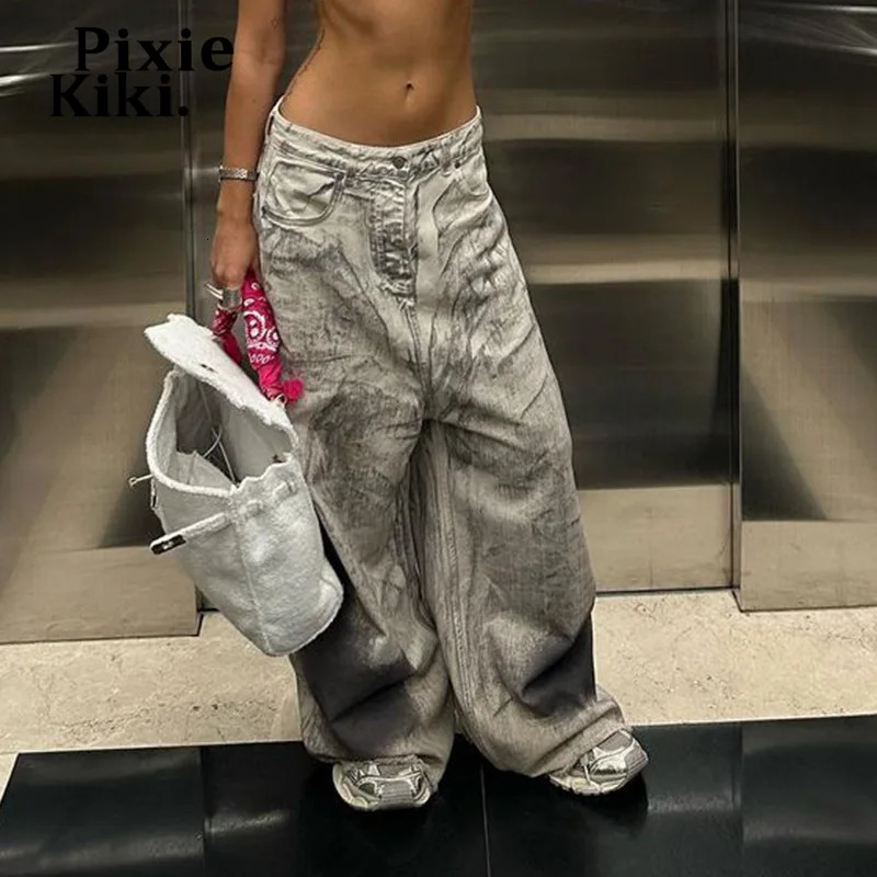 Women's Jeans PixieKiki Trashy Y2k Graffiti Washed Baggy Jeans for Women Streetwear Low Waisted Wide Leg Pants Grey Denim Trousers P67-ED44 23112