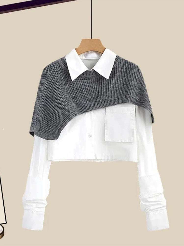 Two Piece Dress Two Piece Dress Spring Autumn Large Size Women's Shawl Shirt Three piece Set High Waist Knitting Half body Skirt Set Women Fashio