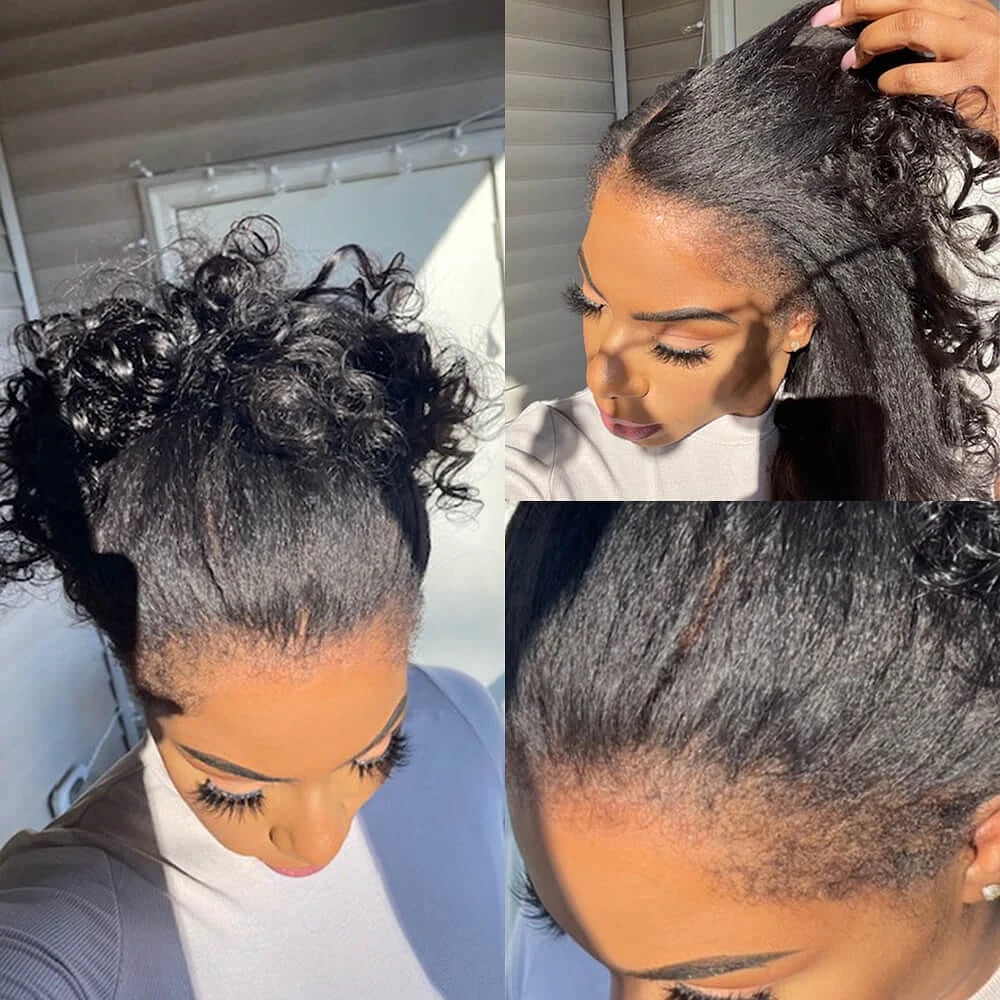 Yaki Kinky Edges Curly Baby Hair human hair Wig 360 full natural HD Lace Frontal Wig Kinky Straight Lace Front Wigs pre plucked 150%density for black 