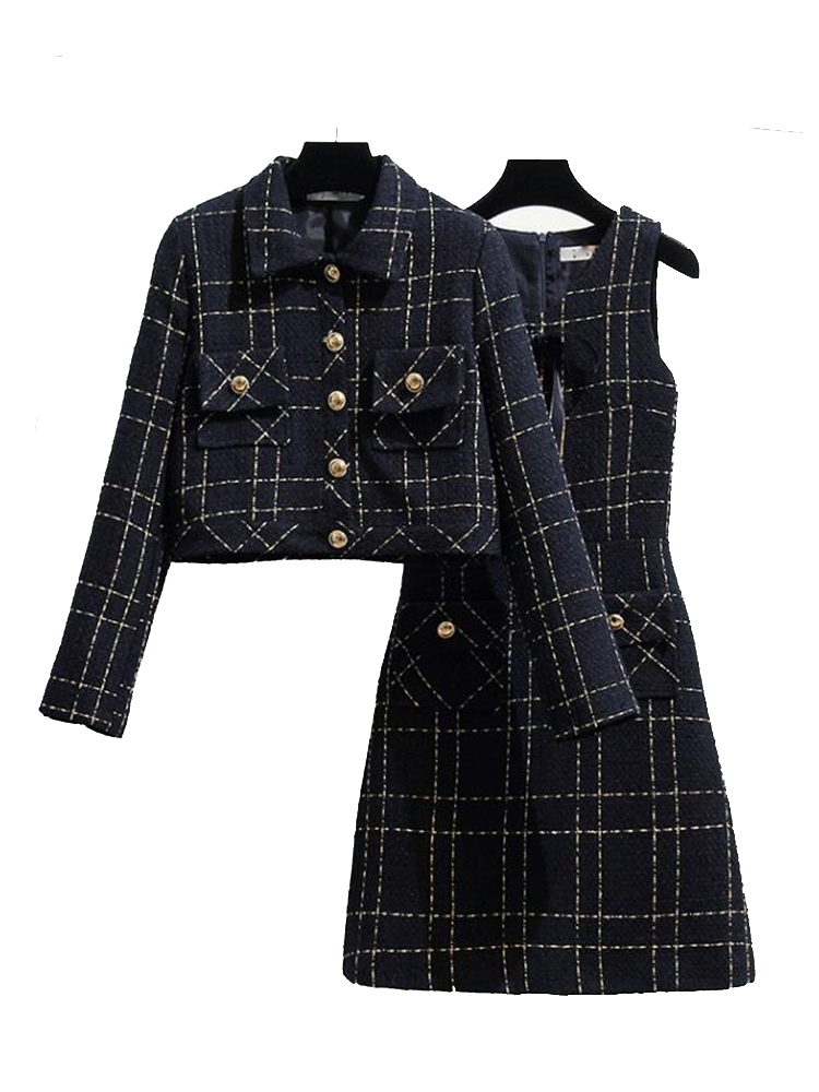 Two Piece Dress Spring Women's 2 Piece Knee Length Jacket Dress Tweed Jacket and Sleeveless Dress Plaid Two Piece Suit Coat Mini Tweed Dress 2304