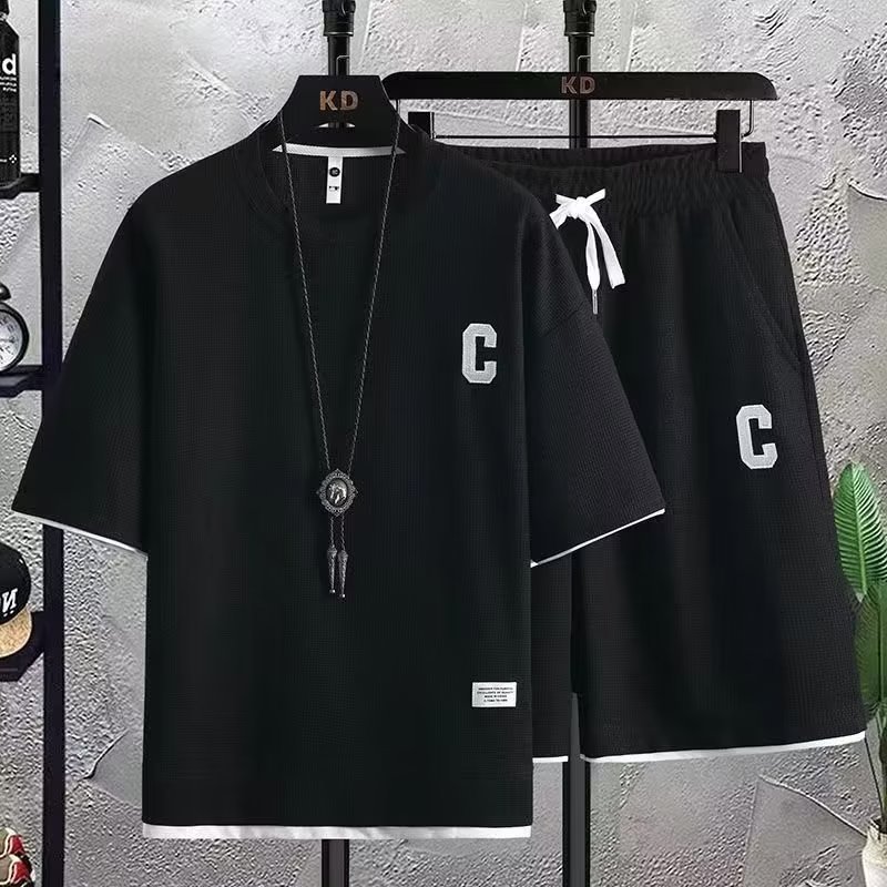 Men's Tracksuits High Quality Waffle Men's Tracksuit Letters Vintage Streetwear Men Sets Short Outfits Summer T Shirt Shorts 2 Piece Set 230