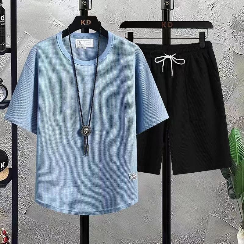 Men's Tracksuits Men's Waffle Pattern 2 Piece Set Shorts Set Summer Tracksuit Men Fashion T-shirt Harajuku Fashion Loose Sweatsuit Clothing 