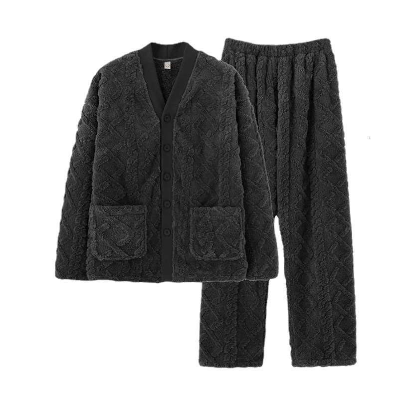 Womens Sleepwear Winter Flannel Velvet Men Pajamas Thickened VNeck Jacquard Plush Keep Warm Twopiece Suit 231122