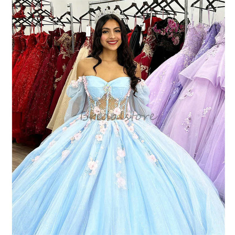 Light Blue Quinceanera Dresses With Pink 3D Flowers Crystal Beaded Princess Birthday Dress Long Sleeve Vestidos De 15 Anos Fifteen Sweet 16 Promdress 