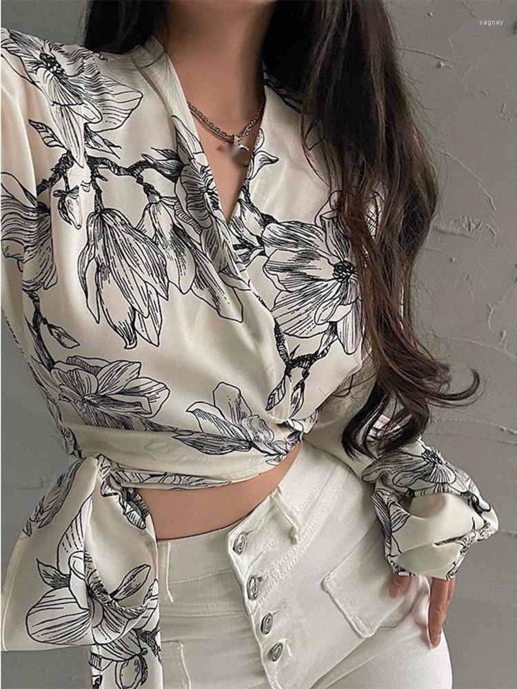 Women's Blouses Sweet Spice Girls Fashion Tie Up High Waist Slim Short Long Sleeve Printed Casual Shirt Top Blouse Korean Tops V8BT