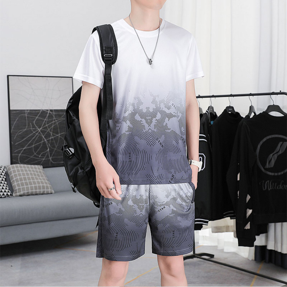 Men's Tracksuits Gradient Short Sleeve Shorts Set Mans Fashion Clothing Summer Quick Dry Casual Outfits Streetwear Sports Tracksuit 230422