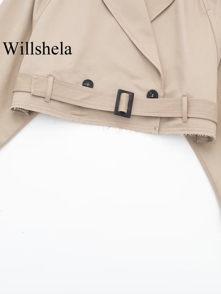 Women's Trench Coats Willshela Women Fashion With Belt Cropped Jacket Vintage Notched Neck Long Sleeve Female Chic Lady Coat Outfits 230421