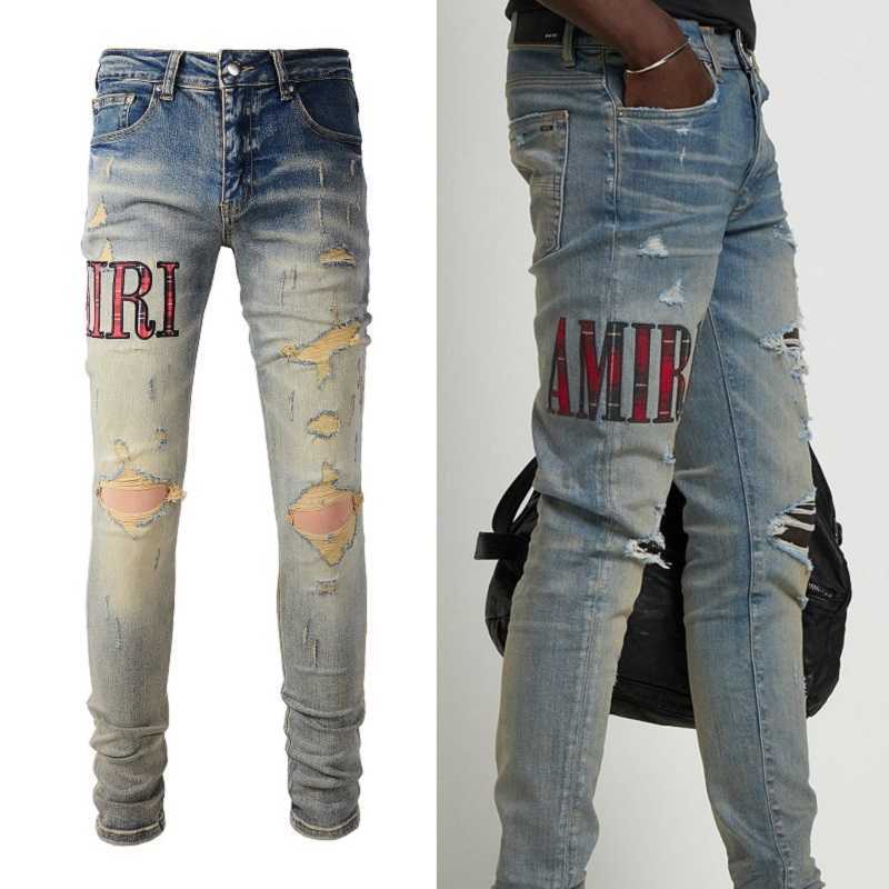 Designer Clothing Fashion Denim Pants Amiiri 2023 High Street Trendy Plaid Sticker Embroidered Hole Made Old Wash Elastic Slim Fit Light Jeans Male Motocycle Rock, Light blue
Designer Clothing Fashion Denim Pants Amiiri 2023 High Street Trendy Plaid Sticker Embroidered Hole Made Old Wash Elastic Slim Fit Light Jeans Male Motocycle Rock, Light blue