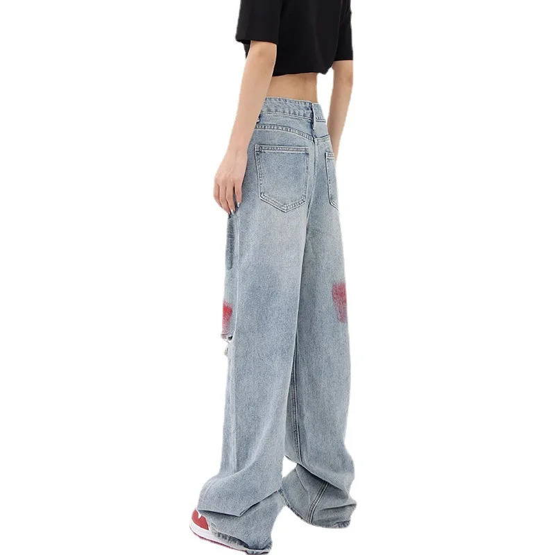 Women's Jeans Summer Graffiti Blue Wash Hole Jeans Women's Wide Leg Pants Floor Slam Pants Straight Tube Pants Women's Fashion Trend 23