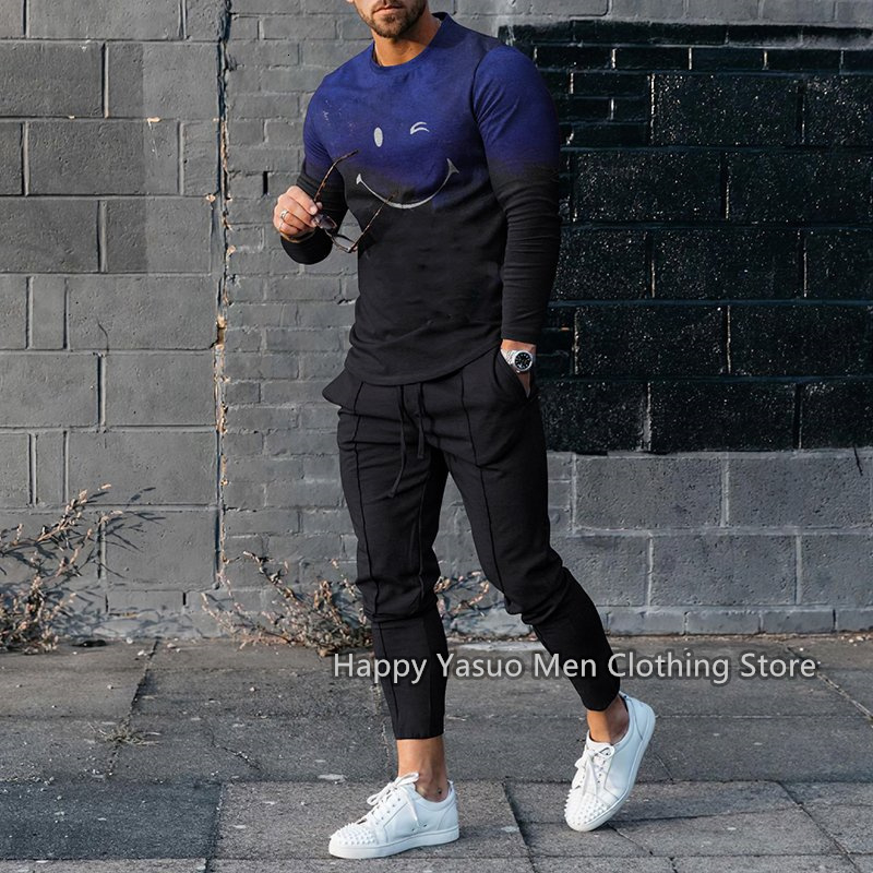 Men's Tracksuits Summer Men's Tracksuit 2 Piece Outfit of Sportswear Long Sleeve Streetwear Fashion T-shirt Set Vintage Pattern Men's C