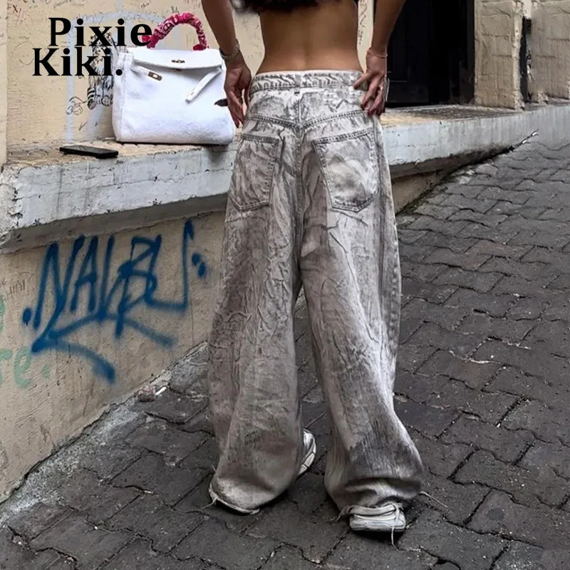 Women's Jeans PixieKiki Trashy Y2k Graffiti Washed Baggy Jeans for Women Streetwear Low Waisted Wide Leg Pants Grey Denim Trousers P67-ED44 23112
