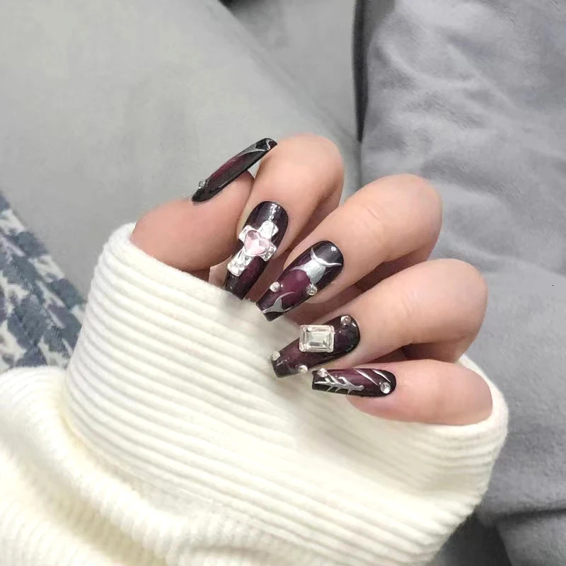 False Nails Gothic Dark Gyaru Girls y2k Manual Press on Nails Reusable Metal Craft Armor Detachable Long Nails With Glue Handmade Manicure 231121