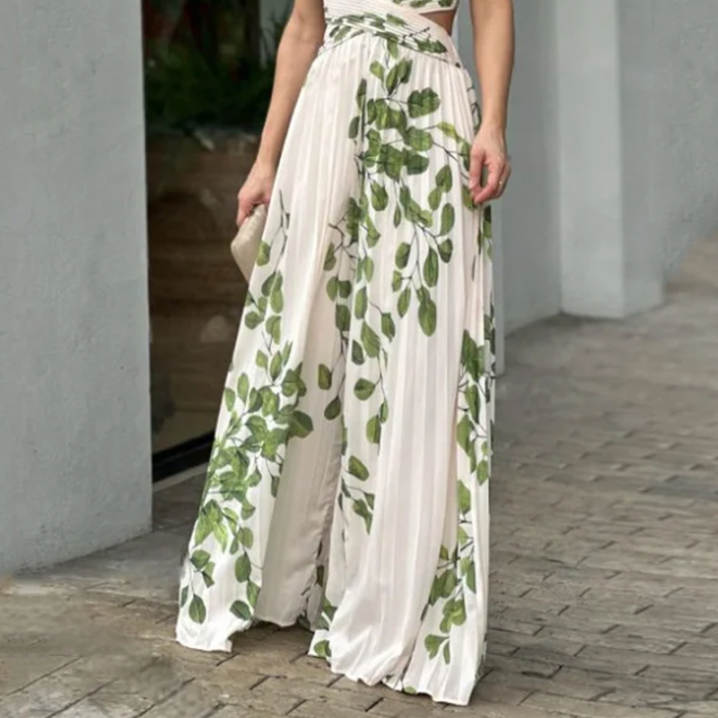 Women's Jumpsuits Rompers LIYONG Women Jumpsuit Sleeveless V Neck Cutout Nipped Waist Loose Printing Wide Legs Casual Pants Romper High Streetwea