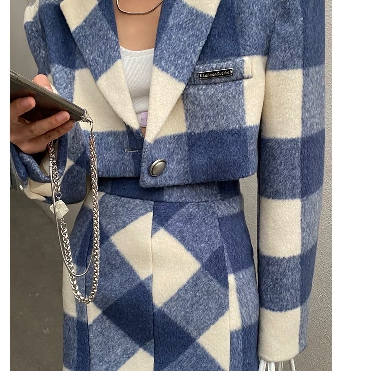 Two Piece Dress Plaid woolen skirt suit female spring season temperament Hong Kong style retro chic two-piece skirt 230422