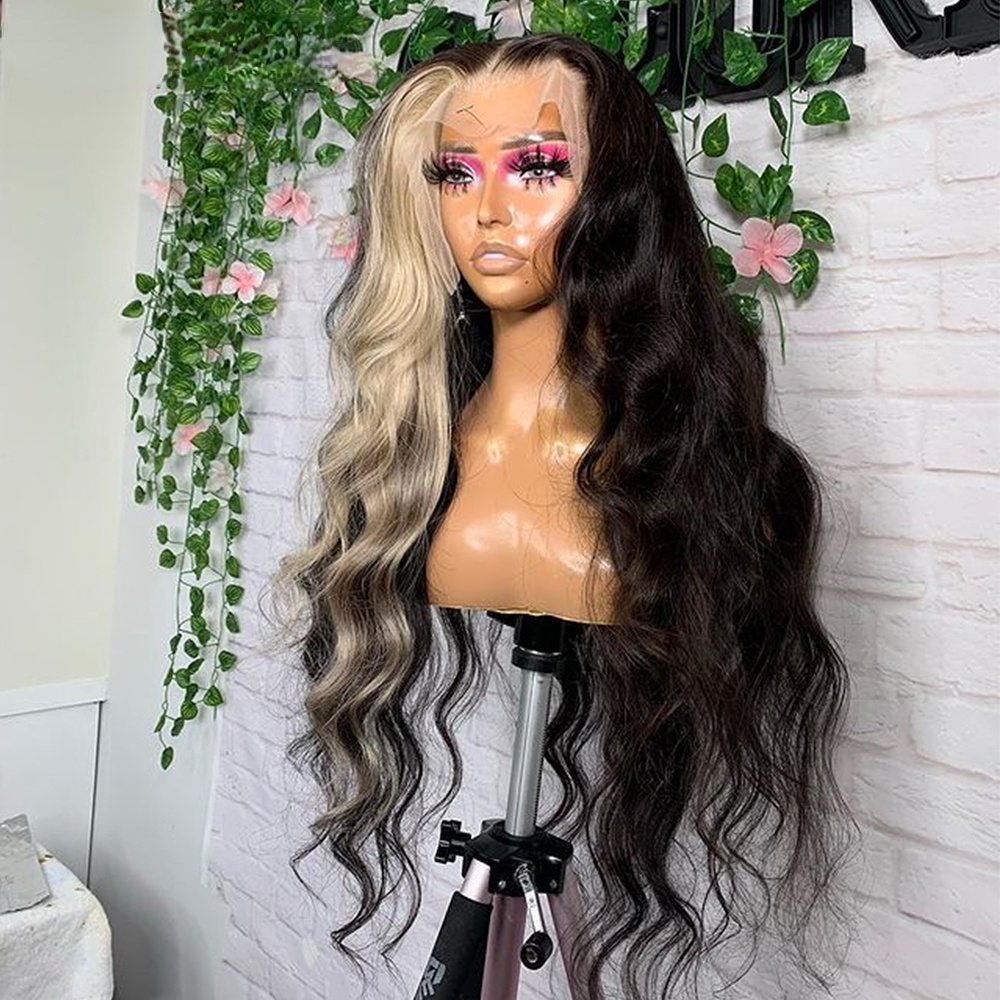 Free shipping Brazilian Highlight Brown Blonde Front Body Wave Transparent 13x4 Human Hair Wigs for Women HD Lace Frontal Wig Synthetic Preplucked