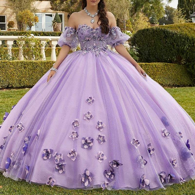 2024 Gorgeous Lavender Sweetheart Ball Gowns Off The Shoulder 3D-ral Lace Beads Tulle 15 Girl Women Quinceanera Prom Dresses