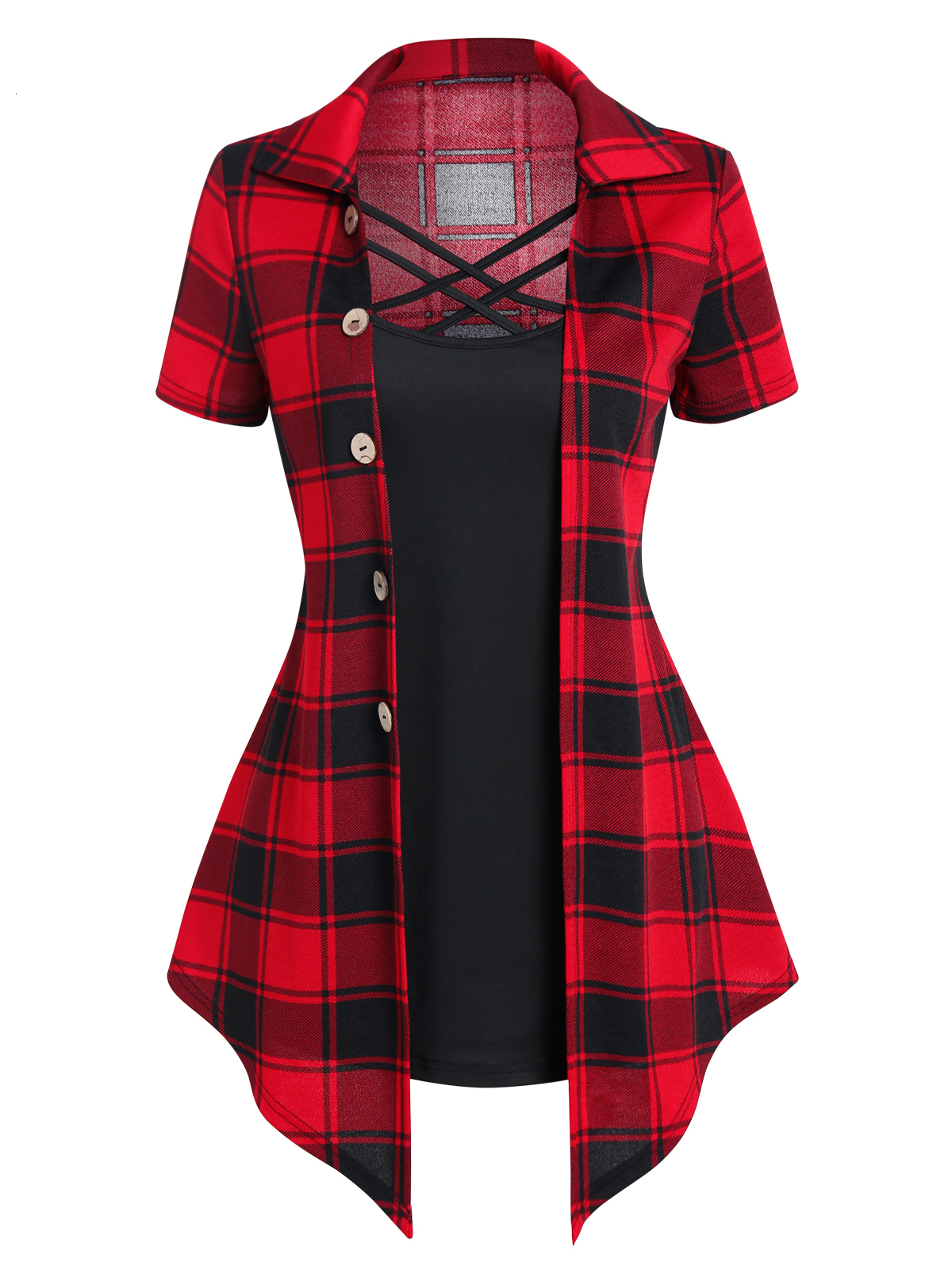 Women's T-Shirt Crisscross Plaid Print Mock Button Casual Faux Twinset T Shirt Combo Women 2 in 1 Tee Twofer Summer High Waist Fashion T-Shirts 2