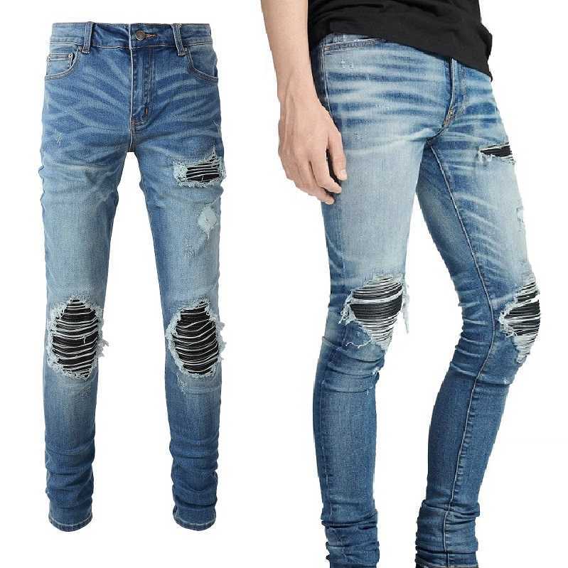 Designer Clothing Fashion Denim Pants Amiiri New Trend Brand Combination Leather Fold Patch Elastic Slim Fit Made Old Washed Light Jeans Men Motocycle Rock, Light blue
Designer Clothing Fashion Denim Pants Amiiri New Trend Brand Combination Leather Fold Patch Elastic Slim Fit Made Old Washed Light Jeans Men Motocycle Rock, Light blue