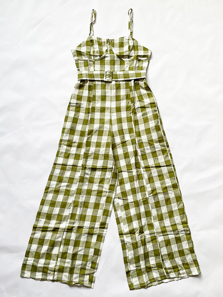 Women's Jumpsuits Rompers Foridol Belt Gingham Print Green Vintage Jumpsuit Women Wide Leg Long Pants Sleeveless Spaghettie Strap Summer Jumpsuit