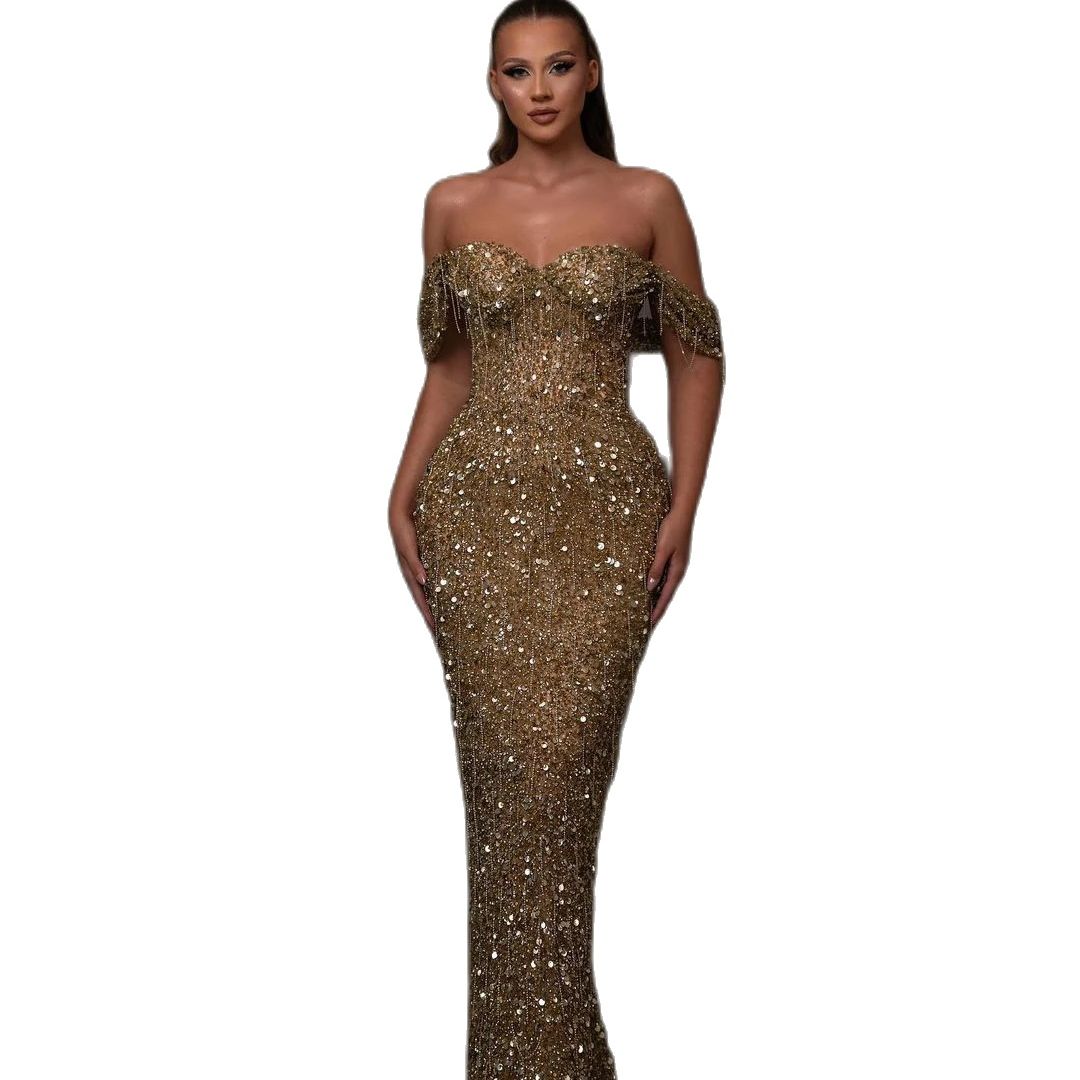 Plus Size Arabic Gold Prom Dresses Sequined Sheath Mermaid Off Shoulder Evening Formal Party Second Reception Bridesmaid Gowns