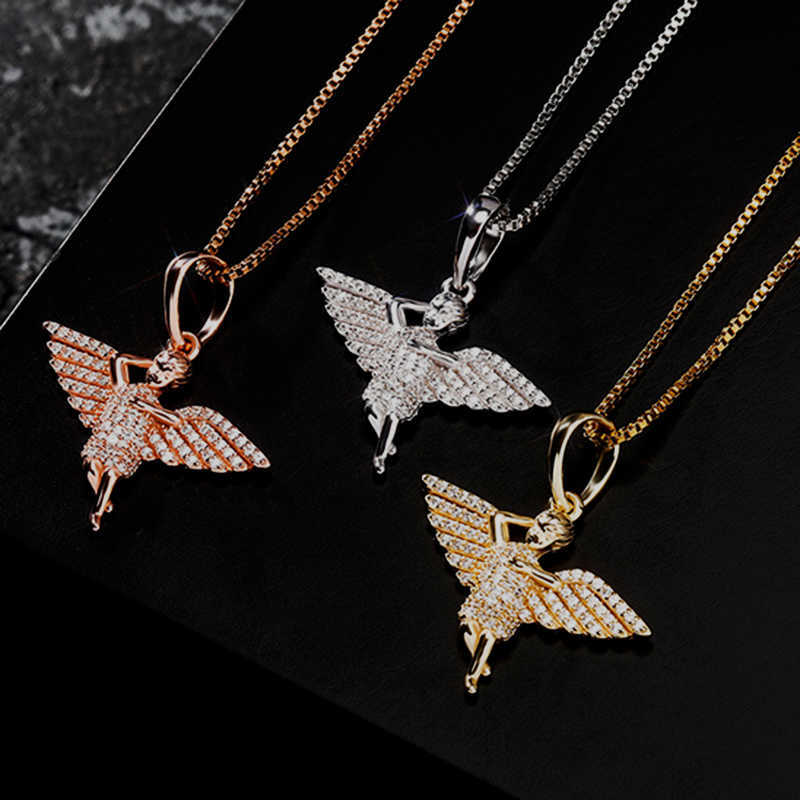 Solid S925 Sterling Silver Angel Wings Pendant Necklace for women Full cubic Zirconia gold plated Hip Hop Female jewelry Accessories Collier birthday 