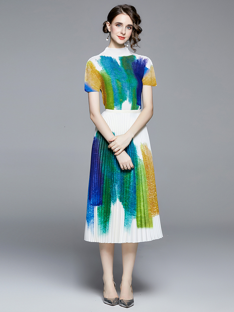 Two Piece Dress Runway Fashion Summer 2 Pieces Set Women Stand Collar Contrast Color Tops High Waist Gradient Printed Skirt Holiday Set 230422