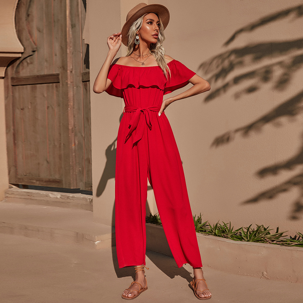 Women's Jumpsuits Rompers Spring and Summer Ladies Red Slash Neck Lotus Leaf Sleeve Strapless Belt Thin Pants 230422