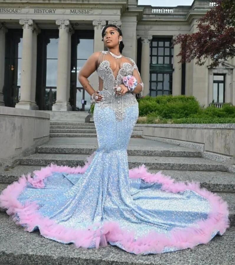 Pink Tulle Ruched Train Blue Sequin Mermiad Prom Dresses Crystal Sparkly Dress Evening Dresses Long Luxury 2024 Party Gown