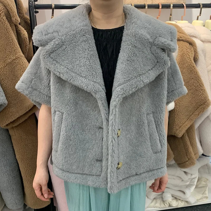 Women's Fur Faux Fur Winter Teddy Bear Coat Women Alpaca Wool Cloak Loose Thick Warm Real Fur Outerwear Max camel Teddy Cape Camel Fur Coat TD584