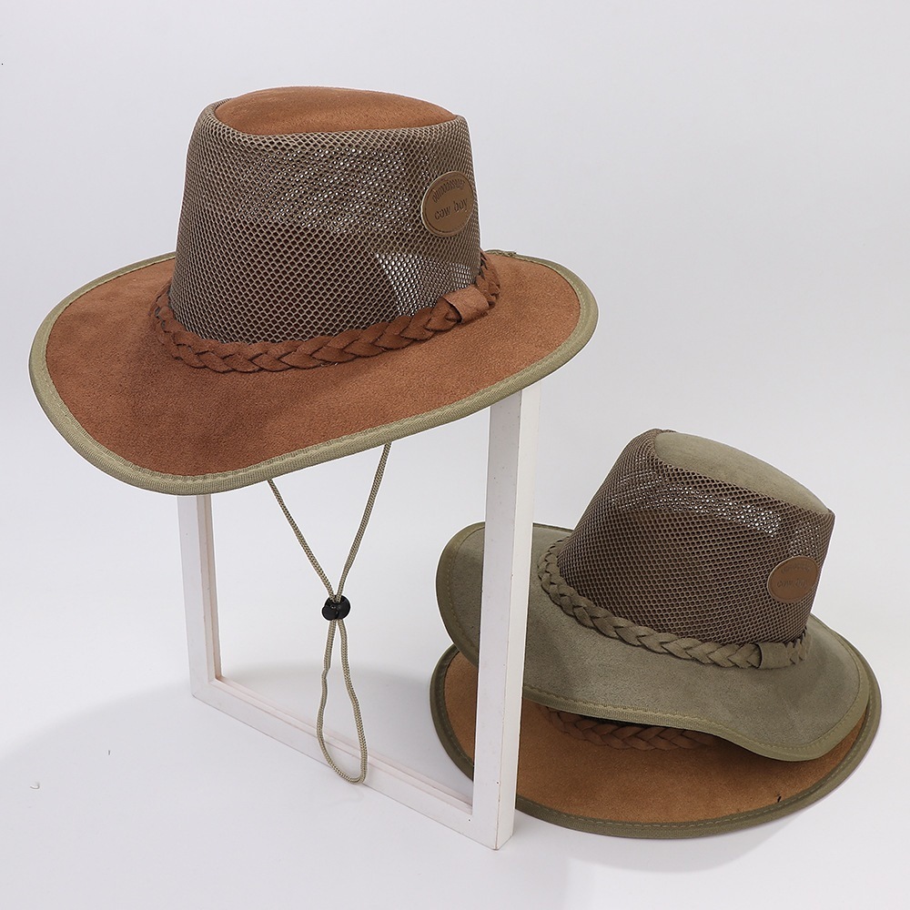 Wide Brim Hats Bucket Summer Man Cowboy Casual Style Suede Breathable Mesh Labeling Decoration Large Sunshade Outdoor Travel Cool Caps 230421