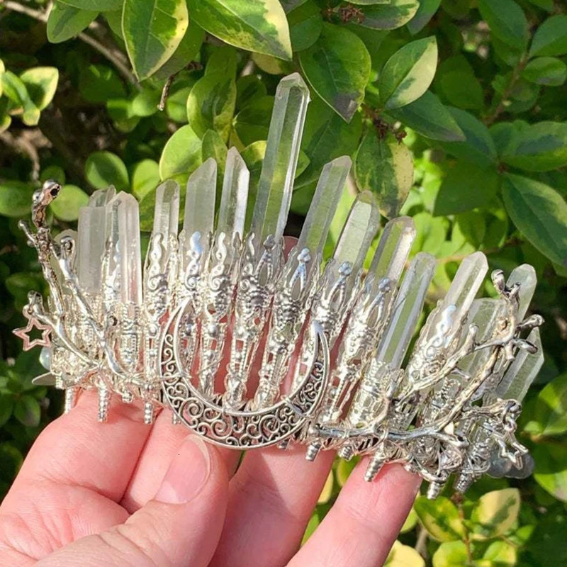 Wedding Hair Jewelry M6CD Crystal Headband White Natural Raw Stone Hair Accessory with Branches Crescent Boho-style Quartz Tiara Crown for Wedding 231