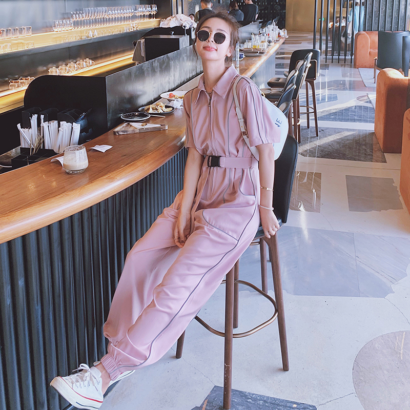 Women's Jumpsuits Rompers Summer Jumpsuit Women Streetwear Hip Hop Reflective Stripe Short Sleeve Lapel Zipper Harem Overalls Pants Sets Romper 2