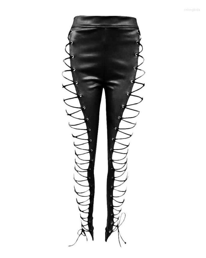 Women's Pants PU Leather Grommet Eyelet Lace-up Skinny Zipper Slim Sexy Women Fashion Female - view 6